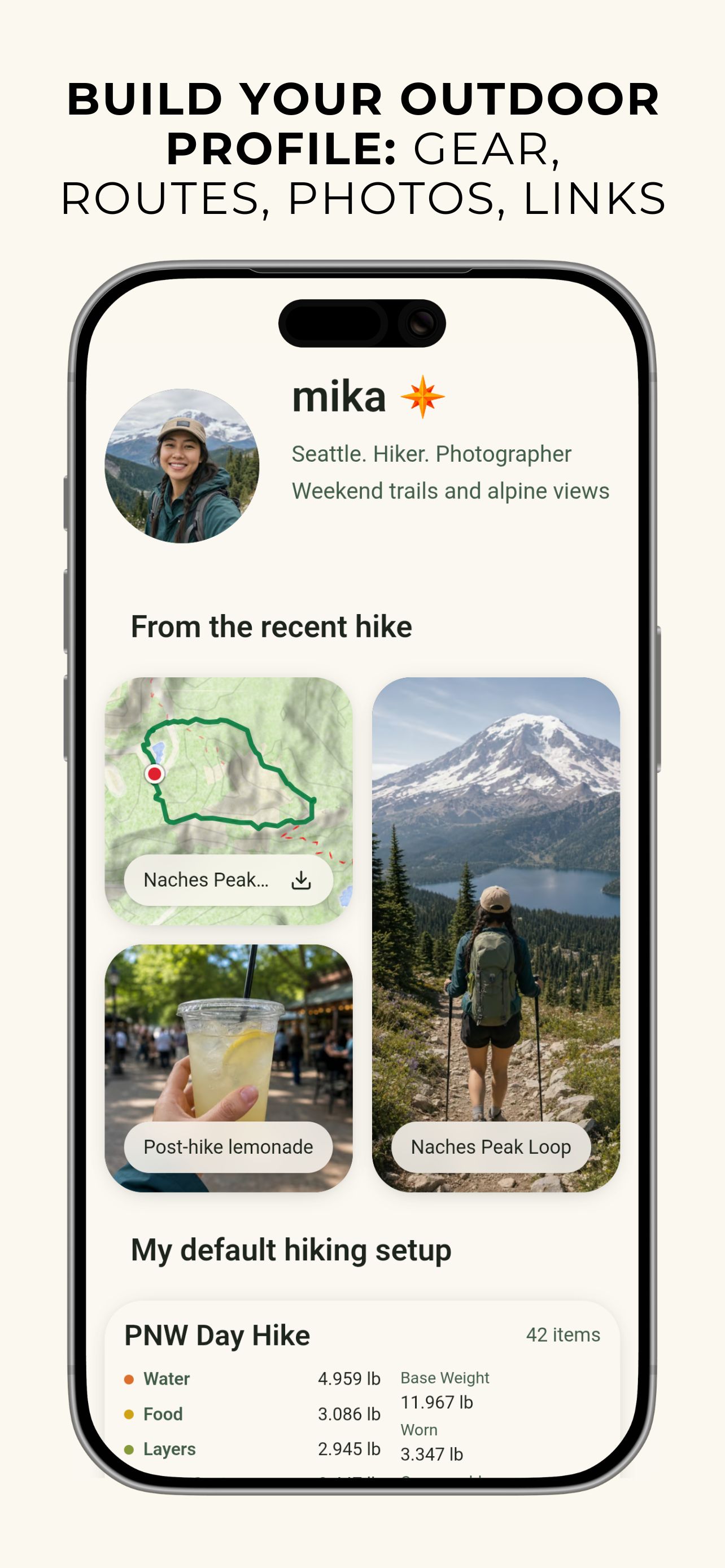 MetaGear outdoor profile screen with gear lists, hiking route map, base weight widget, and social links