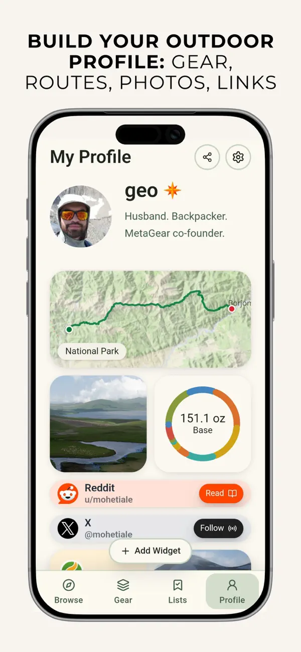 MetaGear outdoor profile with a hiking route, gear list, photos, and shareable links