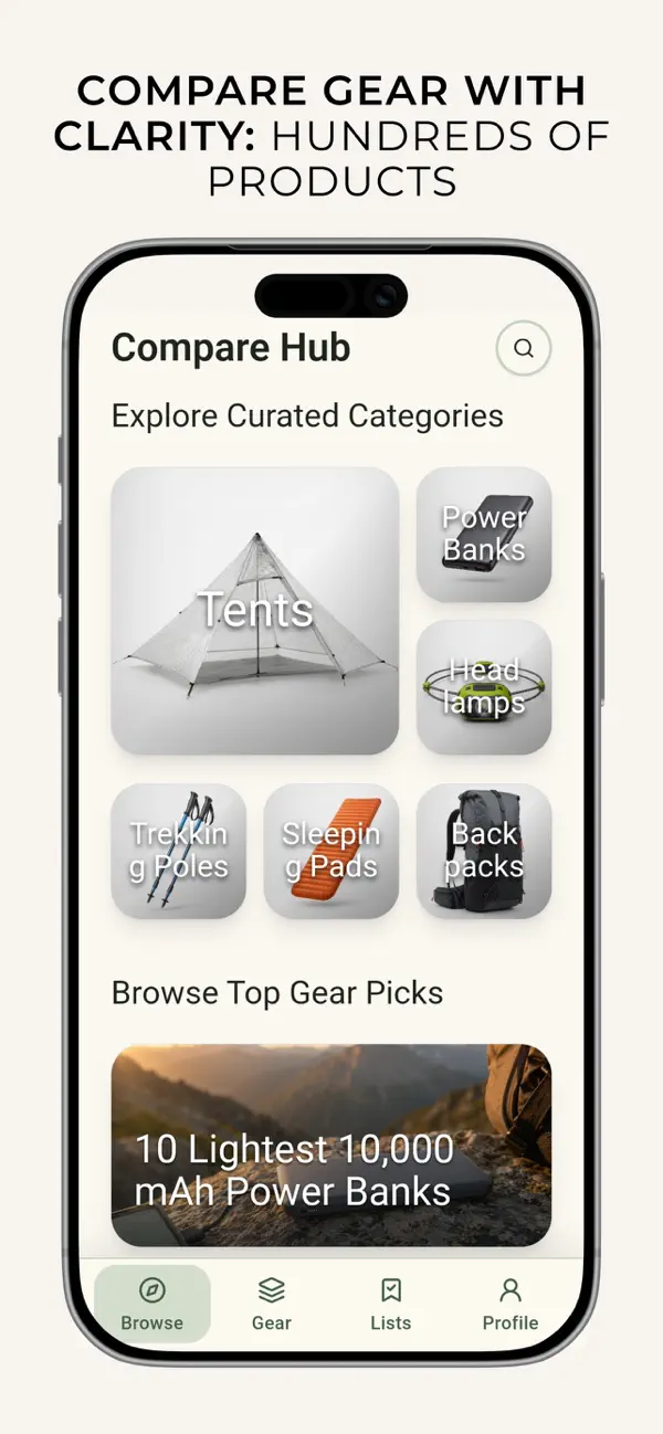 Compare Hub in MetaGear comparing tents, power banks, headlamps, sleeping pads, and backpacks