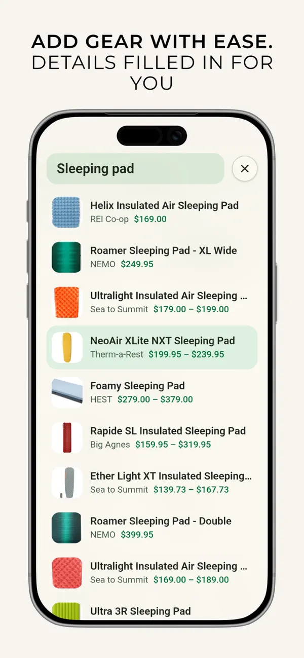 Smart search autofilling sleeping pad weights and prices in the MetaGear gear list app