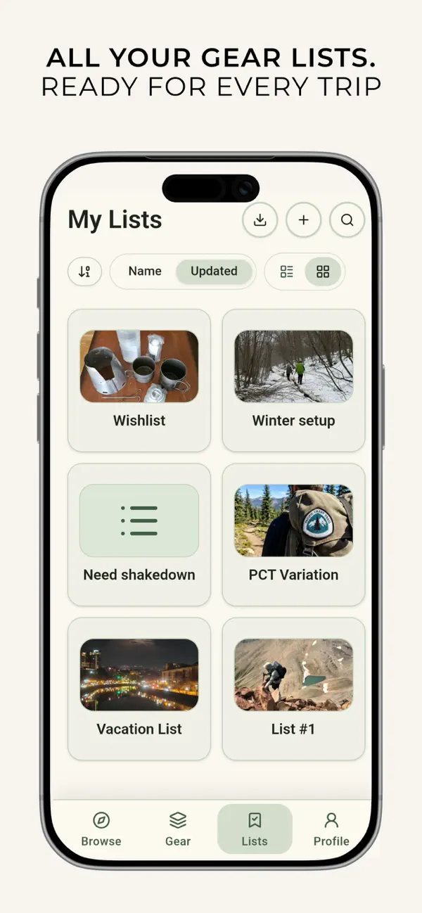 Gear list manager in MetaGear showing multiple backpacking pack lists like winter setup and PCT variation