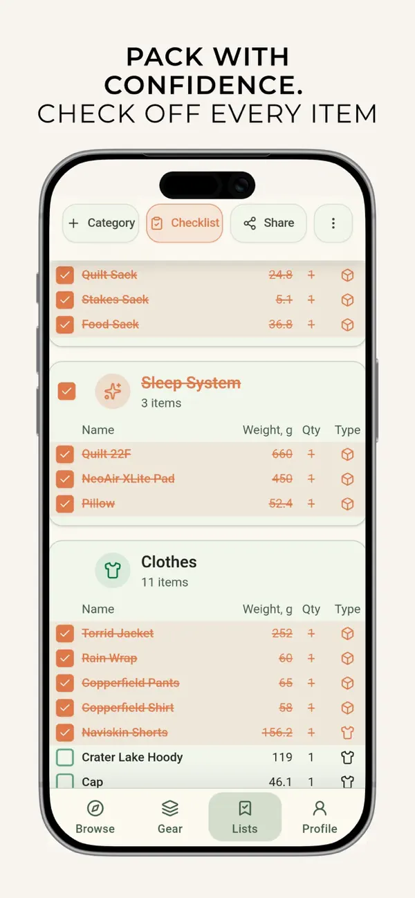 Backpacking checklist mode in MetaGear with packed items checked off by category