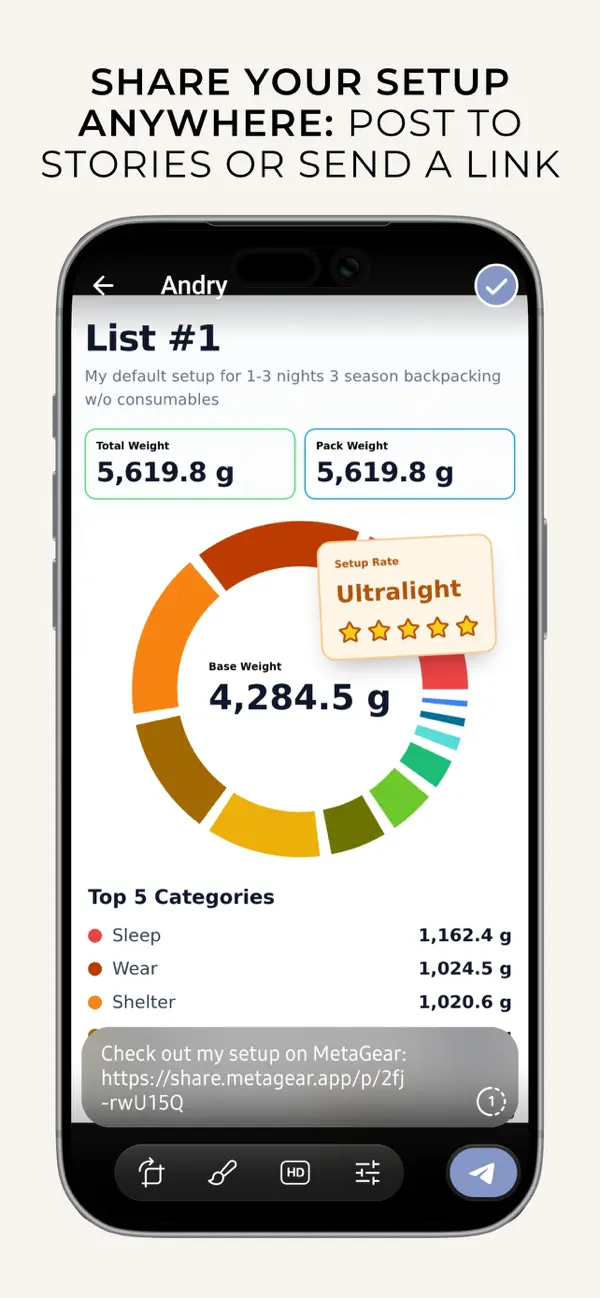 Shareable gear list card showing base weight donut chart and ultralight setup rating from MetaGear